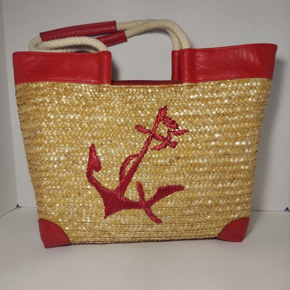Straw Studios Bags: Tote Red Anchor Appliqué Natural Straw Nautical Beach - Picture 2 of 13